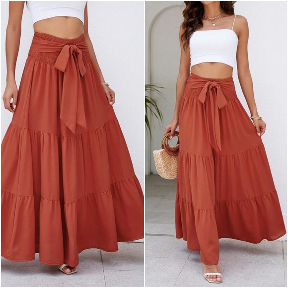 Boho High Waisted Front tie Ruffle flowy Maxi Skirt - Picture 3 of 9